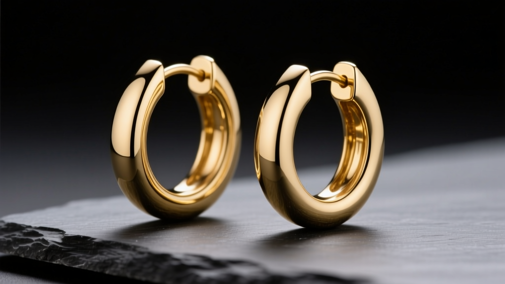 Close-up of polished 14k yellow gold 25mm hoop earrings resting on dark slate, illuminated by soft directional studio lighting
