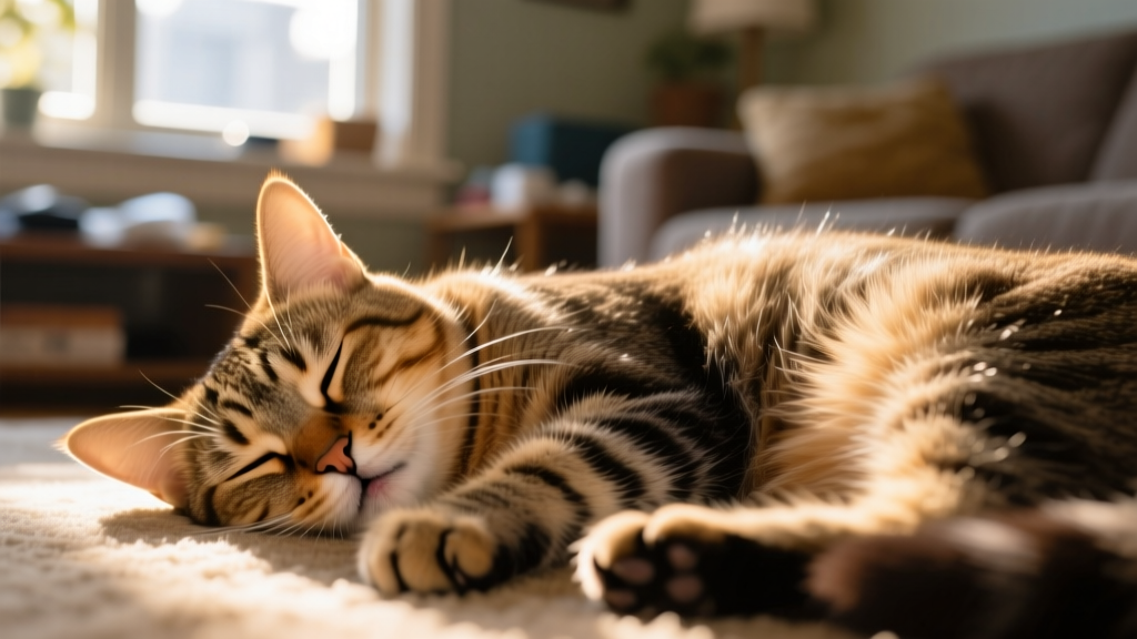 Close-up of a relaxed cat sleeping peacefully, with subtle muscle twitch visible under fur