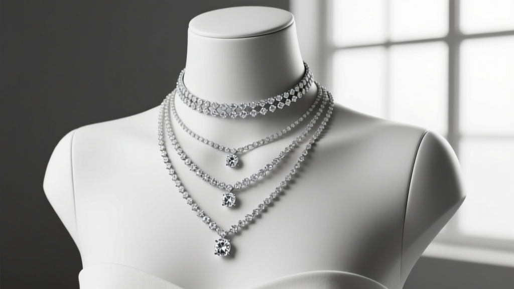 Close-up of three diamond necklace lengths on a mannequin with a strapless neckline, highlighting collarbone and chest placement.
