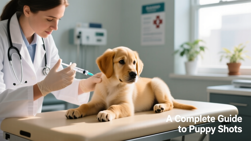 Veterinarian gently administering a DHPP vaccine injection to a calm puppy's shoulder