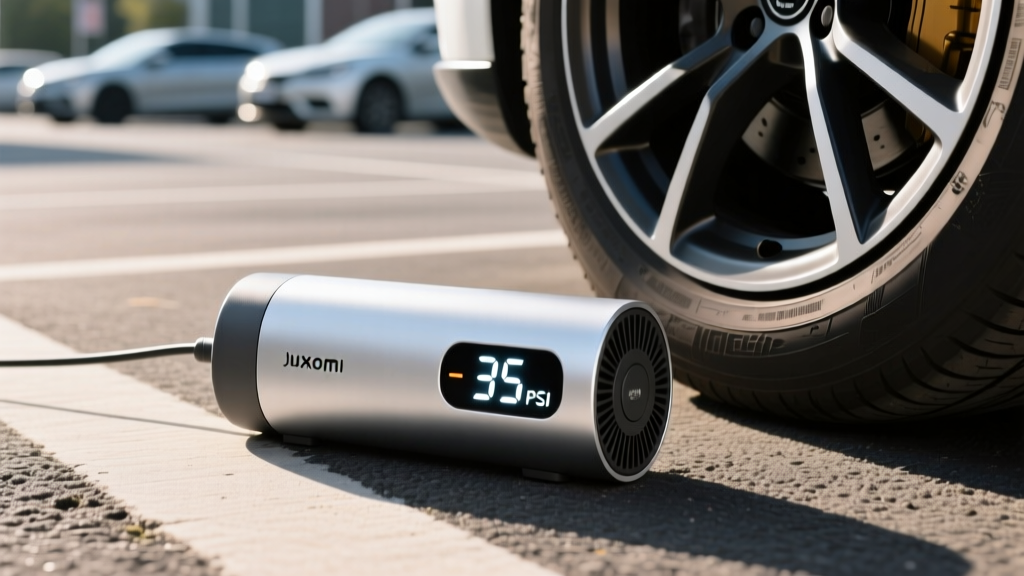A silver Xiaomi portable electric air compressor resting on asphalt next to a car tire, with its digital display glowing brightly at 35 PSI.