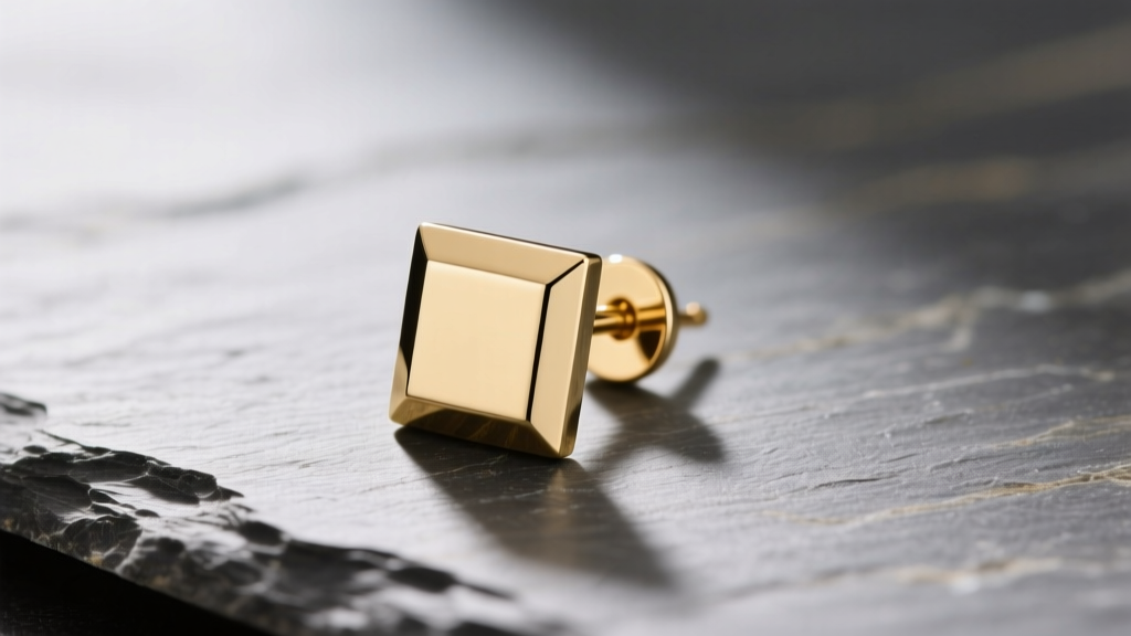 Macro shot of a mens 14k gold square stud earring on slate, showing sharp geometric edges and polished finish.