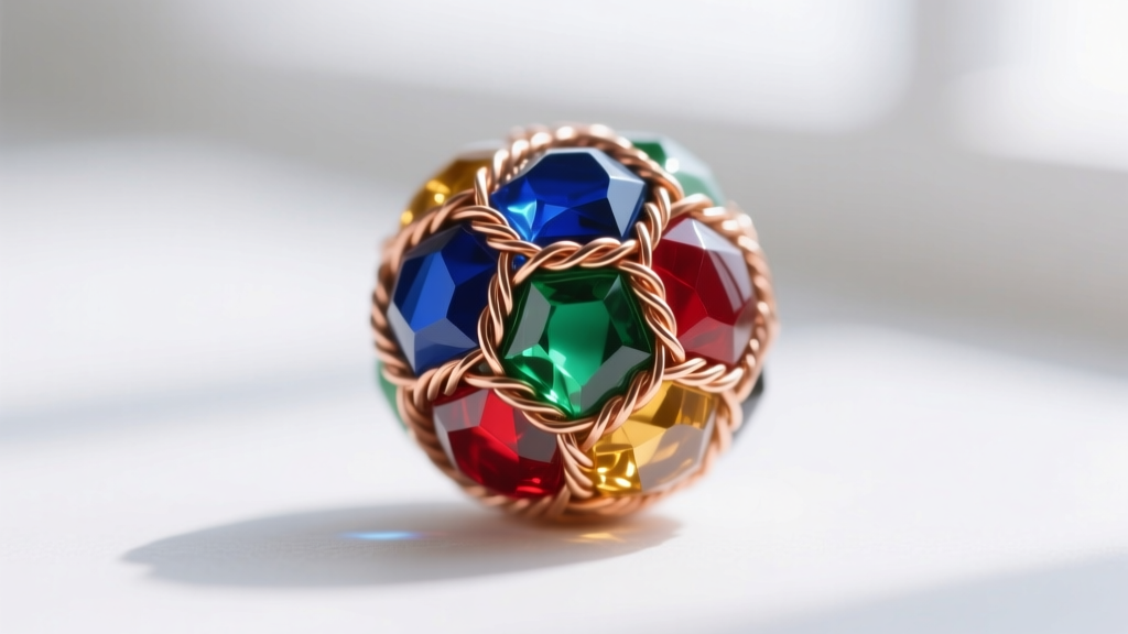 Macro photo of a single cloisonne bead showing 26-gauge copper wire compartments filled with polished vitreous glass enamel.