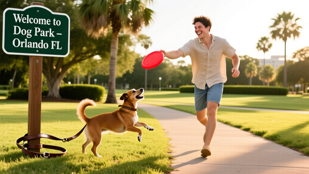 A person playing with a small brown dog on a sunny, grassy path in a scenic Orlando dog park