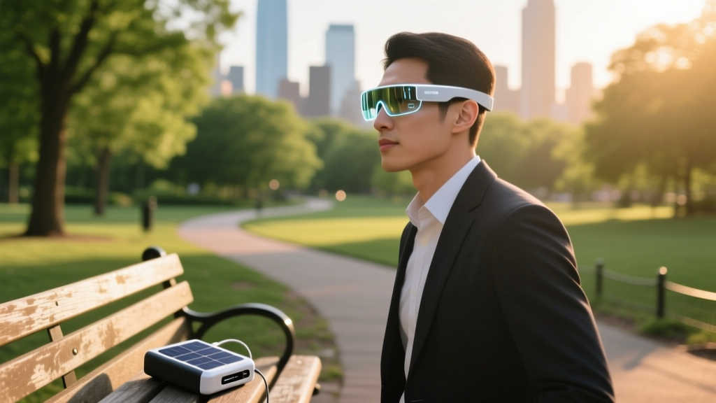 A user wearing lightweight AR glasses outdoors, with a solar-powered portable charger resting on a nearby park bench.