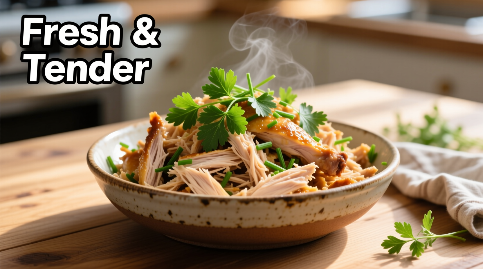 Perfectly shredded pulled chicken in bowl with fresh herbs