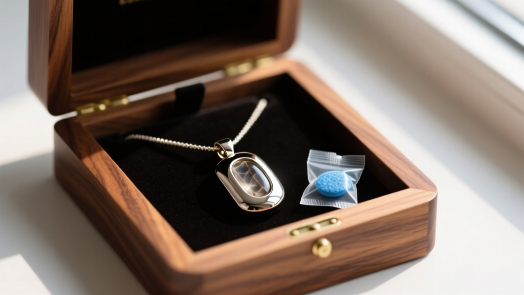 Core sample necklace stored inside a lined wooden box with a small silica gel packet resting right next to the heavy metal pendant.