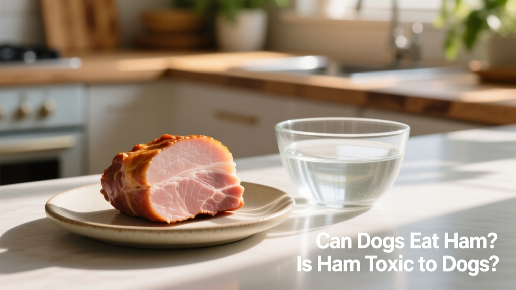 A small, plain slice of cooked ham placed on a dog-safe plate next to a bowl of fresh water