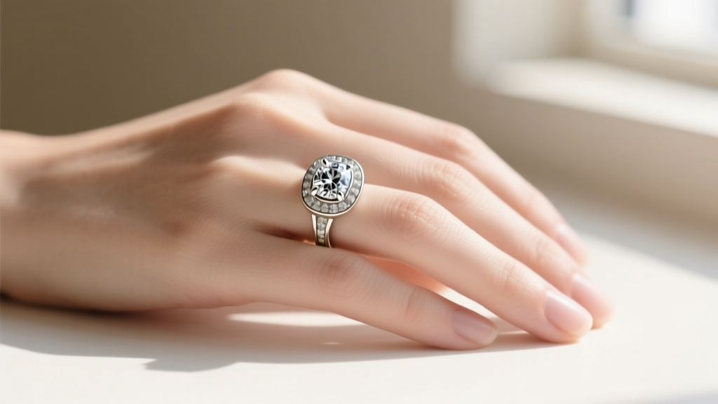 14k white gold bezel set salt and pepper diamond ring on a hand, showing inclusions and a brushed matte finish in soft daylight