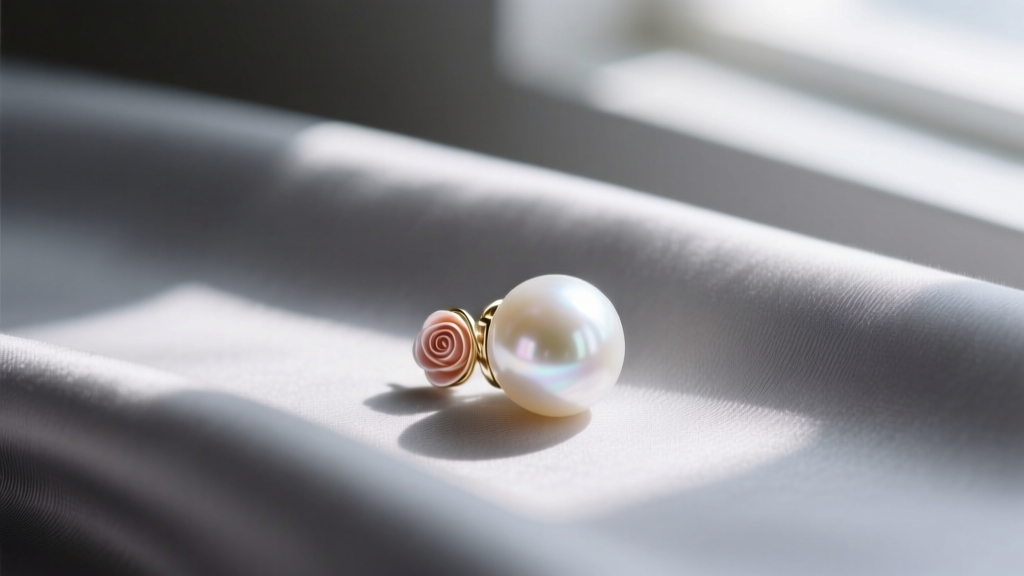 Close-up of a luminous white South Sea pearl earring with subtle rose overtones, resting on gray silk fabric in natural daylight.