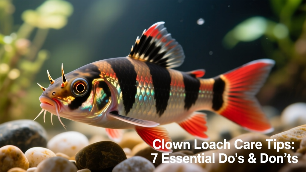 Close-up of a mature clown loach showing eye spines, bold black bands, and red fins