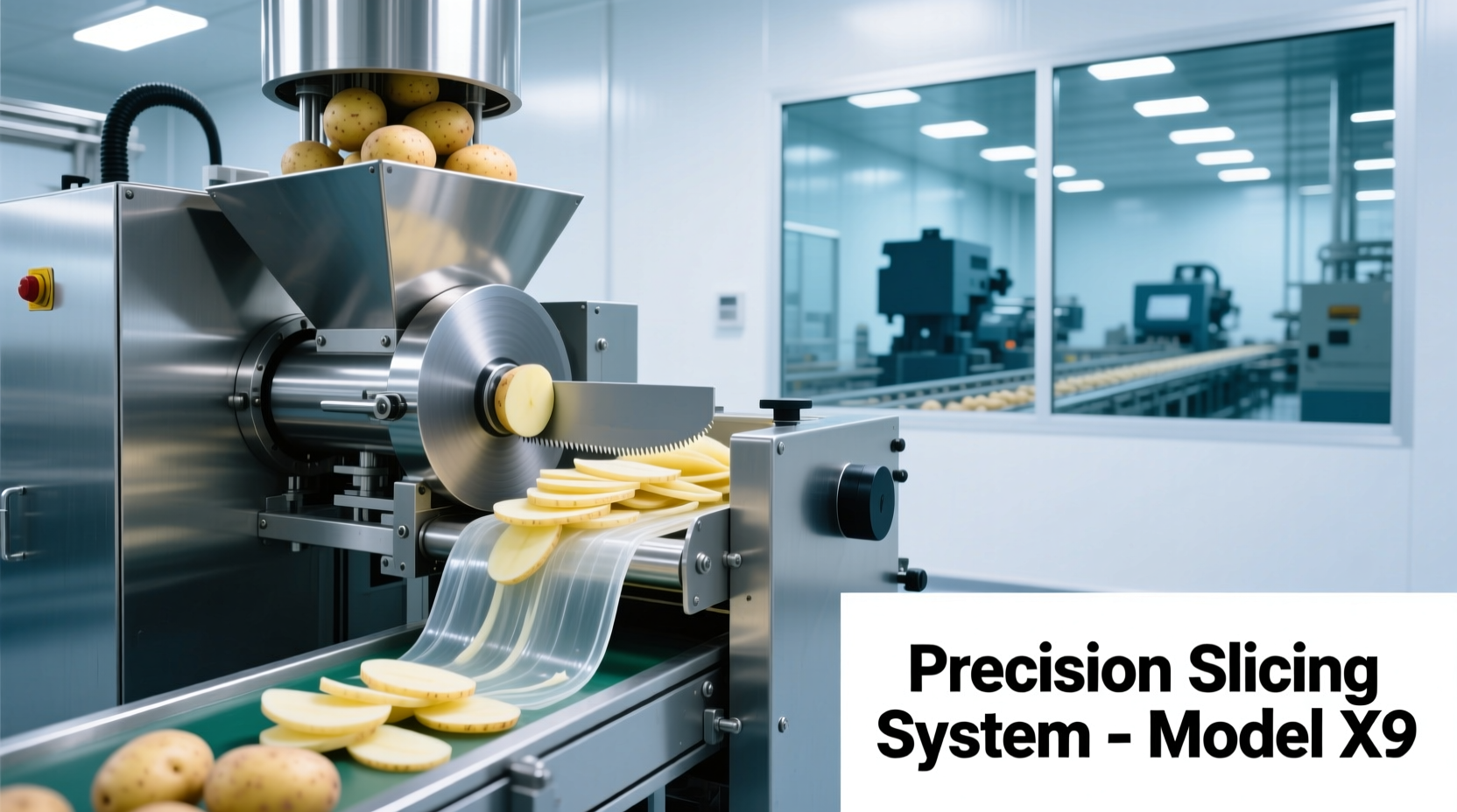 Potato slicing machine in crisp manufacturing facility