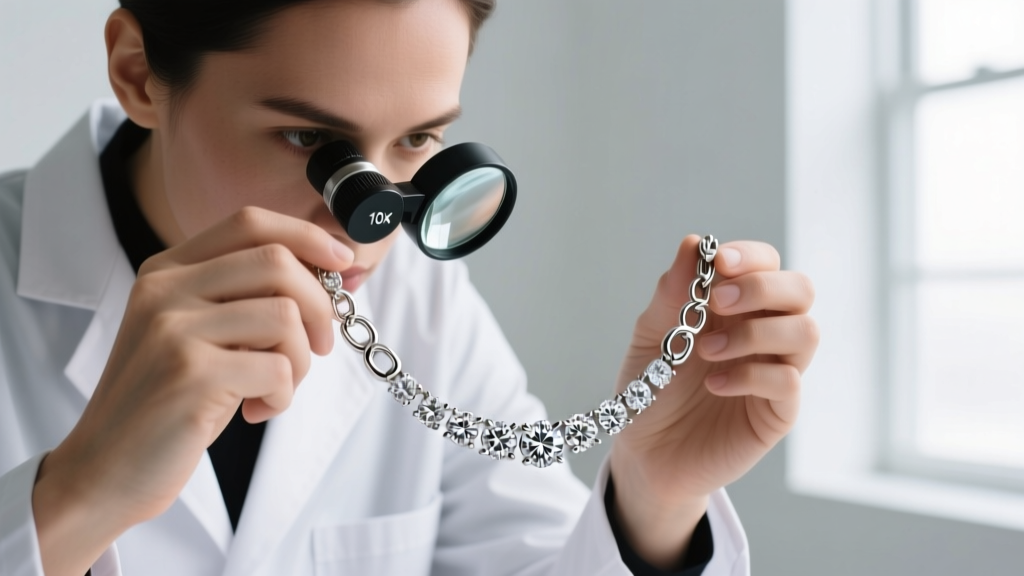 Jeweler using a 10x loupe to inspect the secure lobster clasp and soldered jump rings of a 3-carat diamond tennis necklace