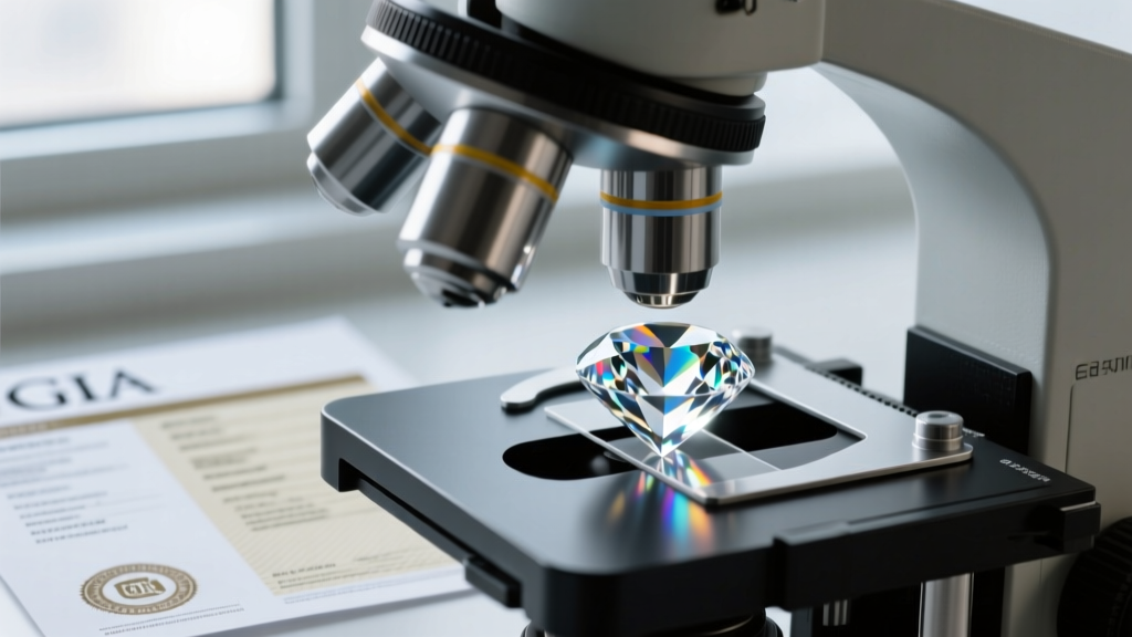 Close-up of a gemological microscope examining a Type IIa diamond, with a GIA grading report softly blurred in the background