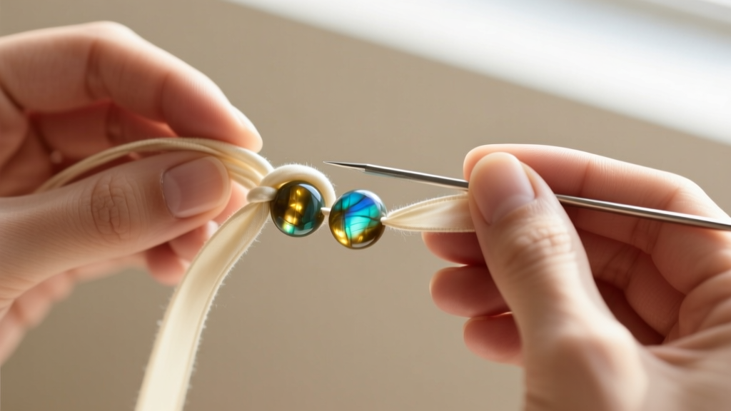 Close-up of hands tying a half-hitch knot with cream silk thread between two iridescent labradorite beads using a beading awl.
