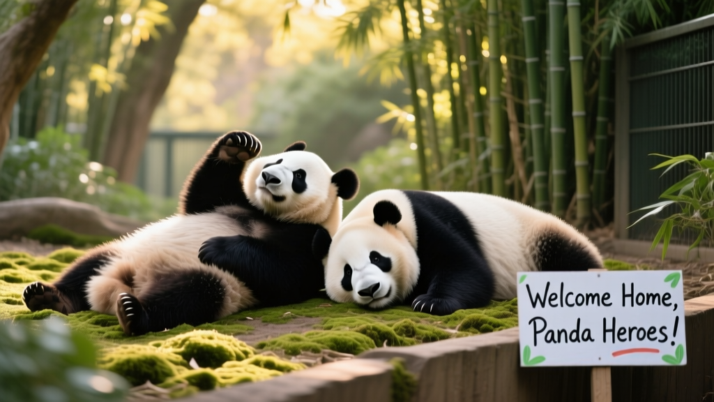 Two giant pandas resting side by side in a lush, naturalistic enclosure with bamboo