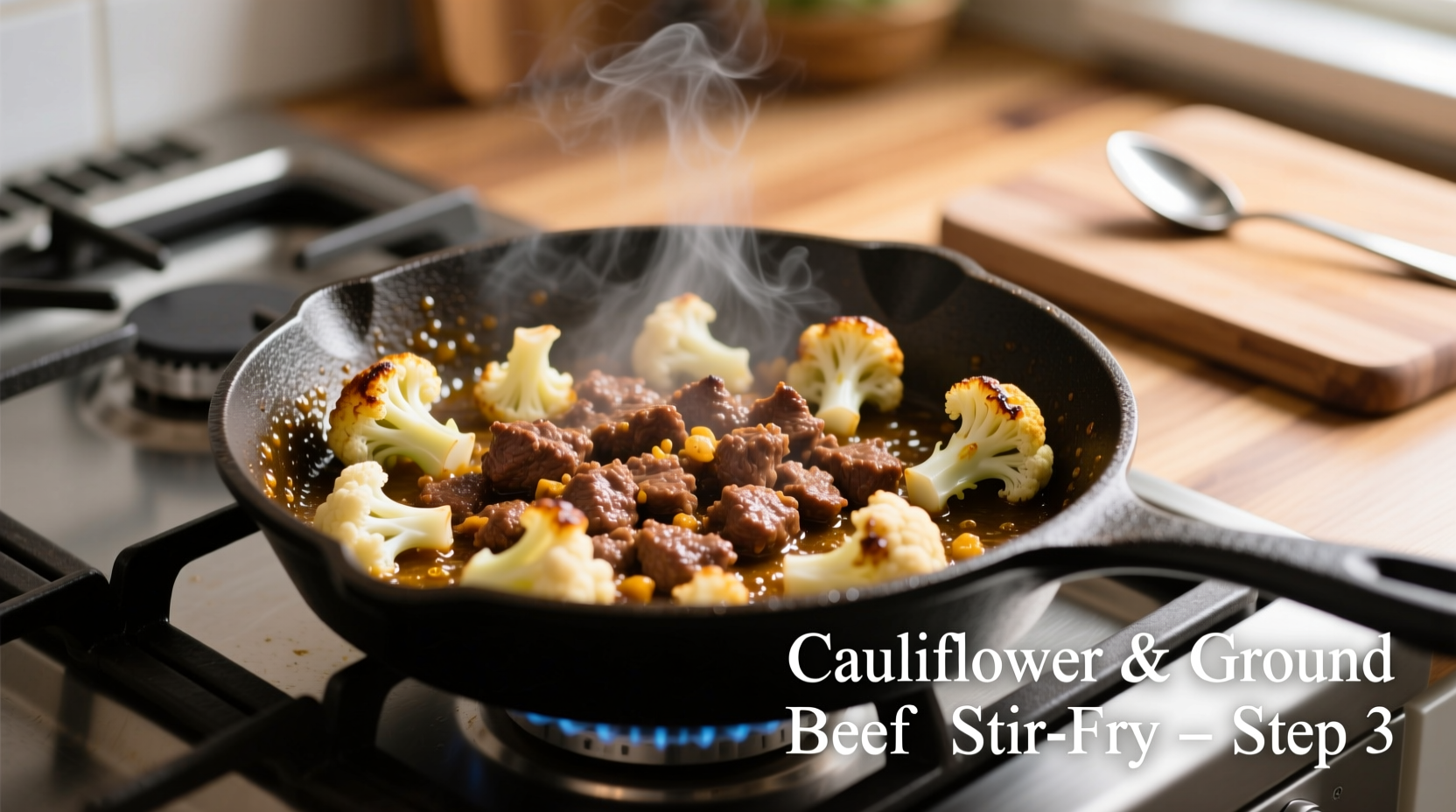 Cauliflower and ground beef cooking process