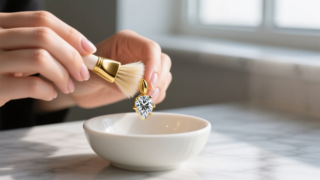 Close-up of hands scrubbing a 14k gold diamond huggie earring with a soft baby-bristle brush in a small white ceramic bowl.