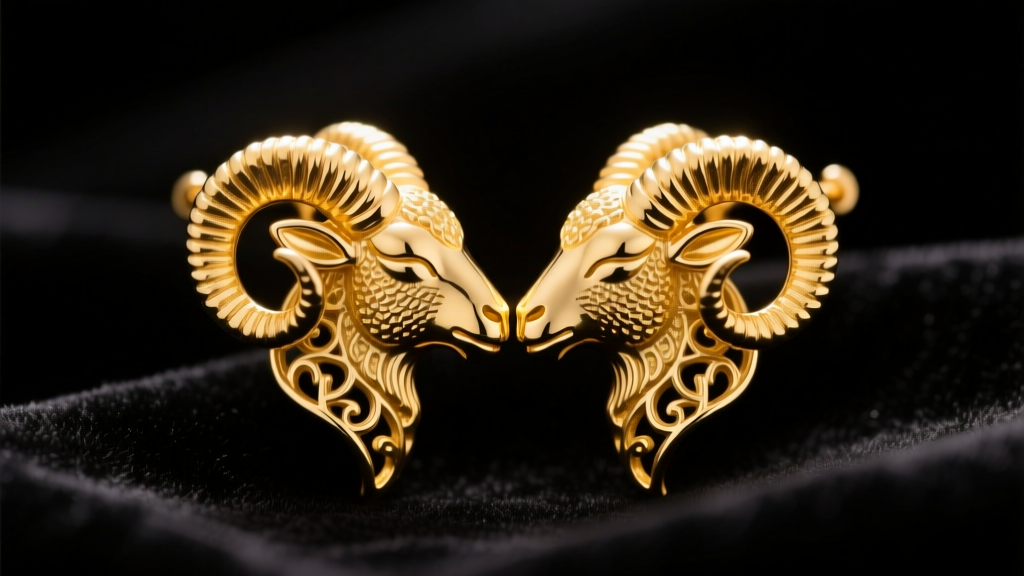 Close-up of 14k yellow gold kissing ram earrings on dark velvet, showing two rams touching horns under soft, warm studio lighting