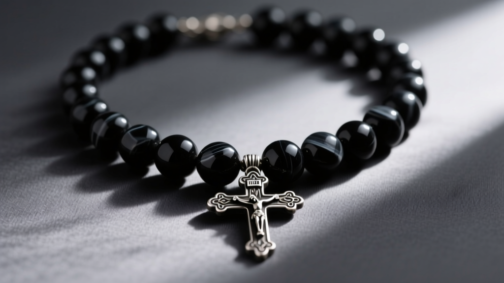 Close-up of a 6mm matte black onyx rosary beads necklace with an oxidized silver crucifix pendant resting on dark silk fabric.