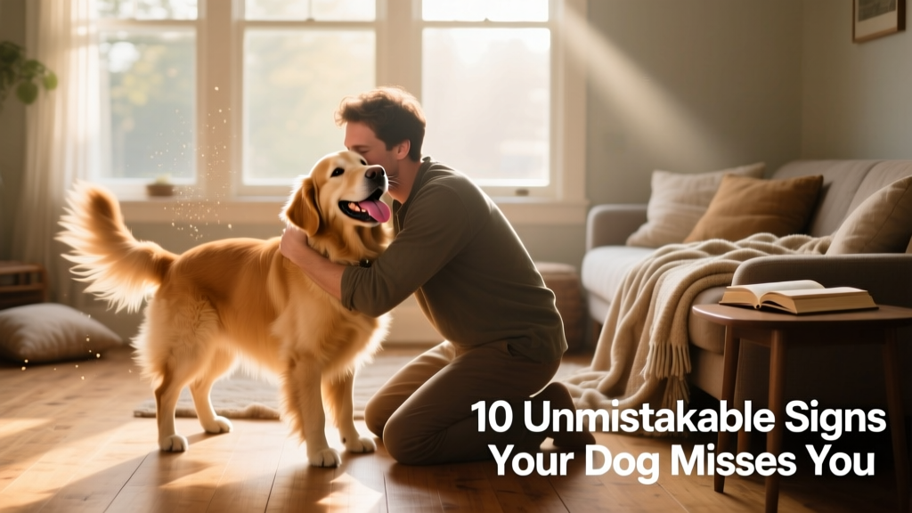 A person kneeling to embrace their joyful, tail-wagging dog at home