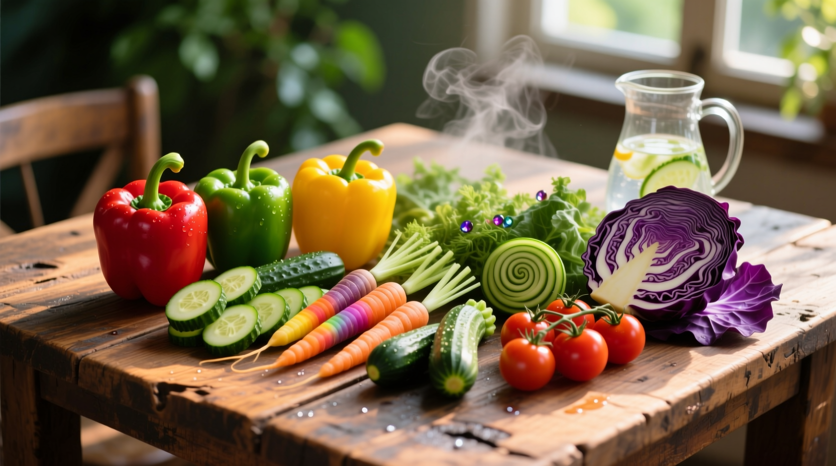 Colorful arrangement of low-calorie vegetables on wooden table