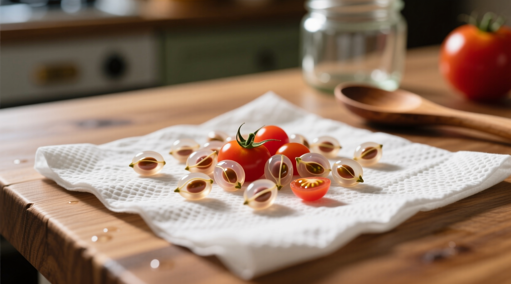 Tomato seeds drying on paper towel