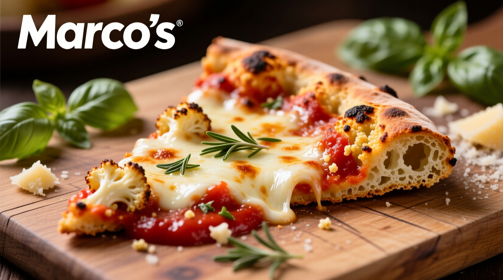 Marco's cauliflower crust pizza slice showing texture detail