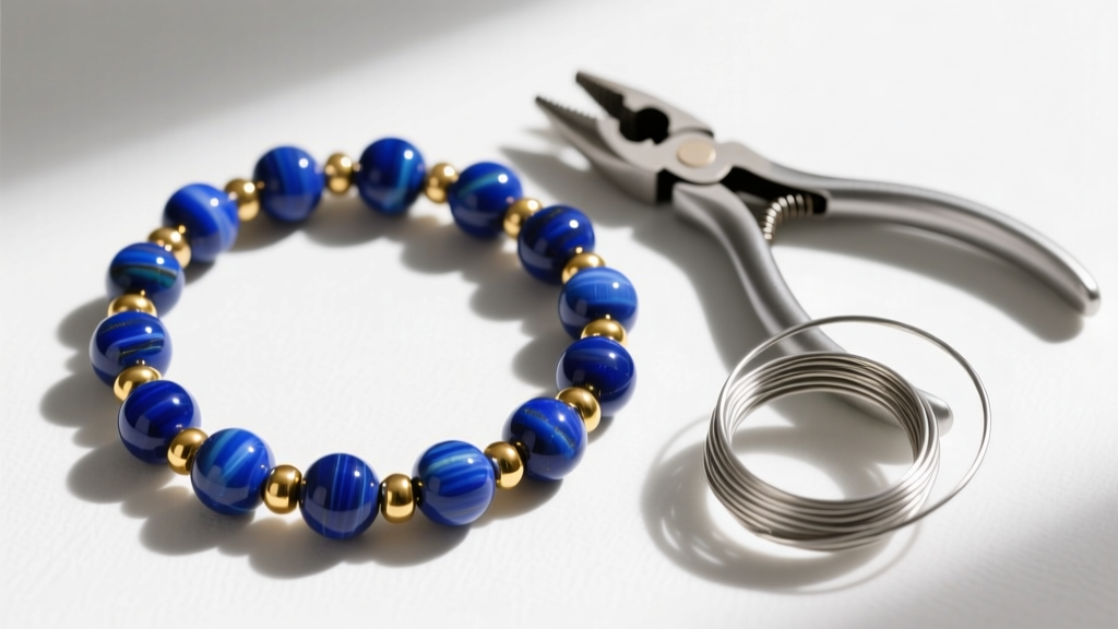 Overhead view of a bead board displaying polished lapis beads and gold spacers next to crimping pliers and steel wire