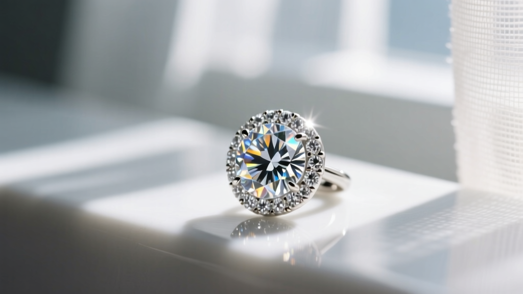 A macro shot of a freshly cleaned diamond halo earring catching natural window light, showing flawless facets and zero oil residue.