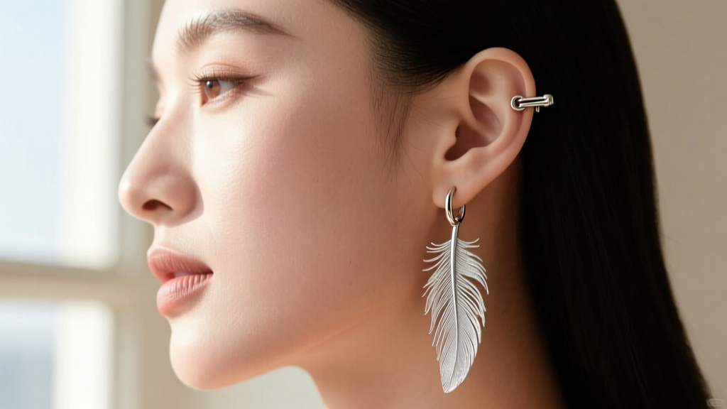 Woman wearing delicate silver feather hoop earrings tucked behind ear, showing 20-gauge wire and a secure clicker clasp detail.