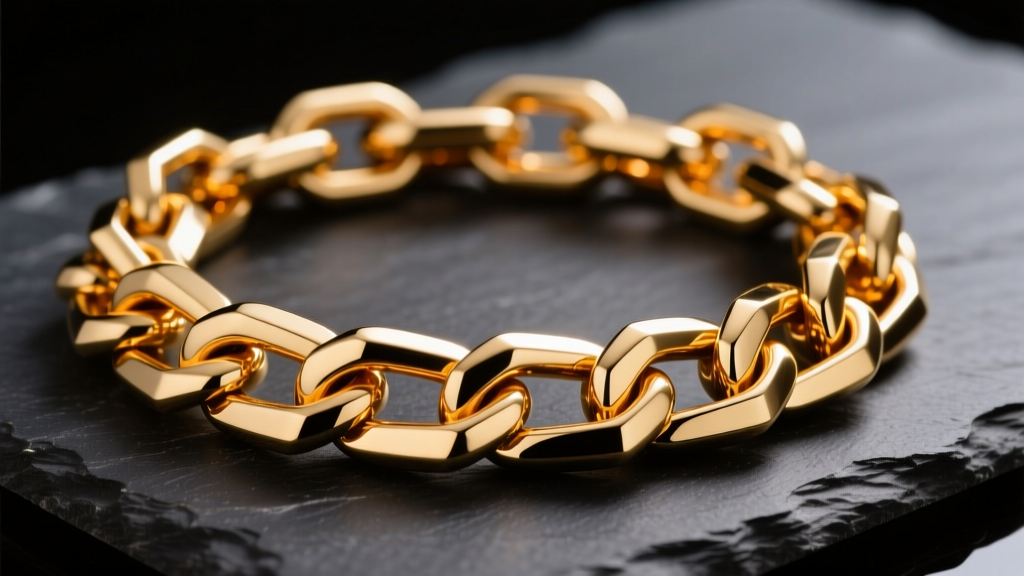 Heavy 14k gold monster link chain on dark slate, showcasing thick interlocking geometric links under bright studio lighting