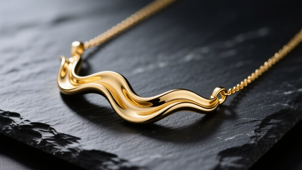 Macro shot of a polished 14k yellow gold wave pendant necklace resting on dark slate, highlighting the fluid crest curves.