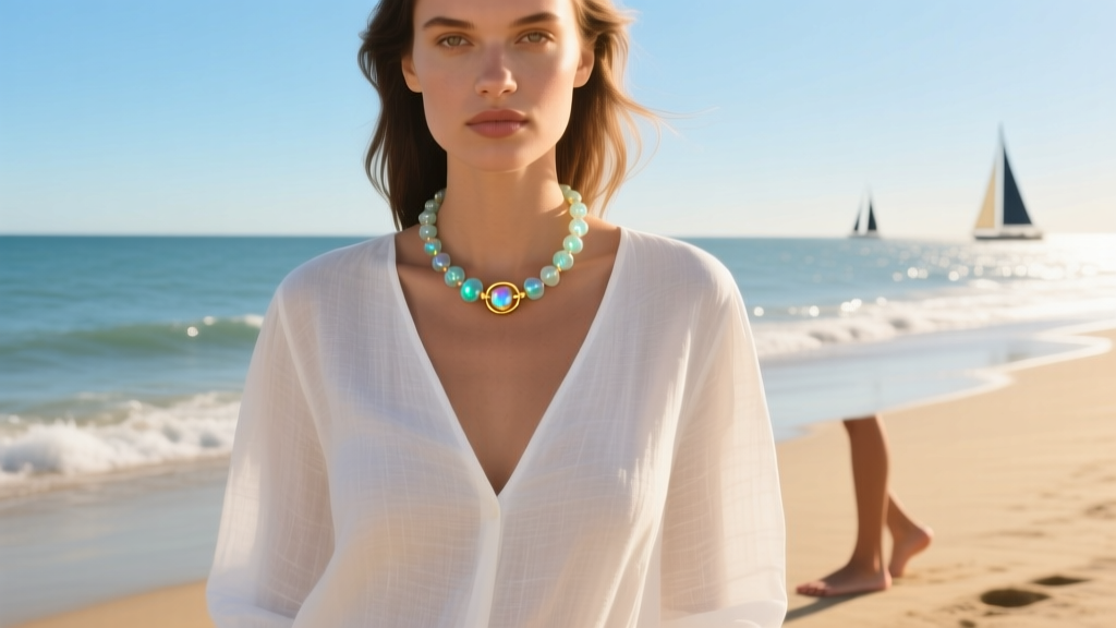 Model wearing a sea glass bead necklace with gold clasp over white linen V-neck blouse against a sunny coastal beach background