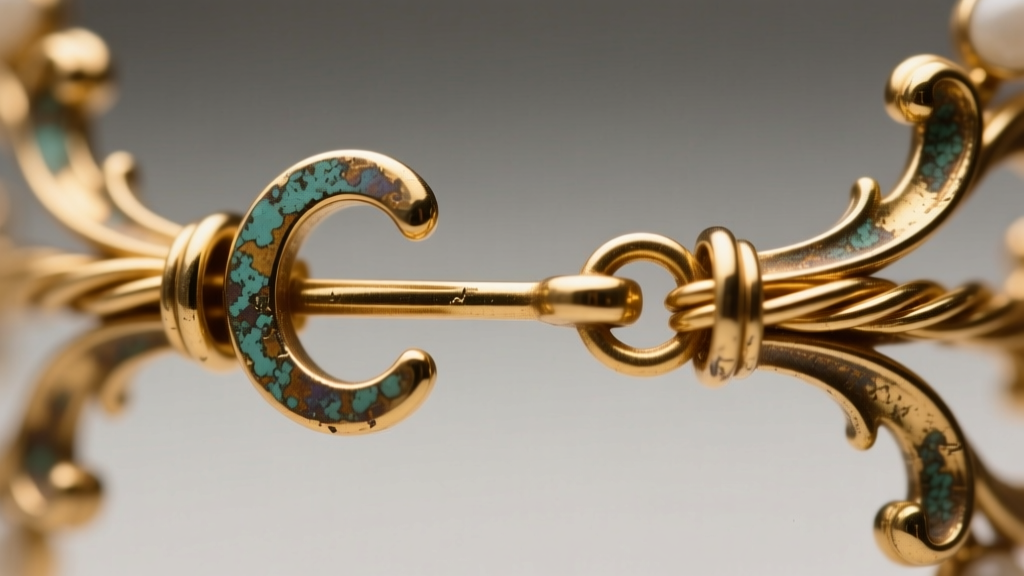 Macro shot of a Victorian girandole earring clasp, showing the C-clasp, T-bar hinge, and natural patina on the 15k gold wire.