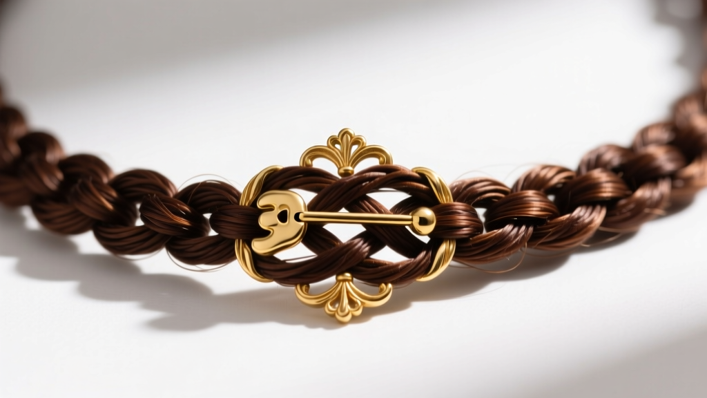 Macro shot of a Victorian hairwork watch chain showing tight braided table work in dark brown hair with a gold dog clip clasp.