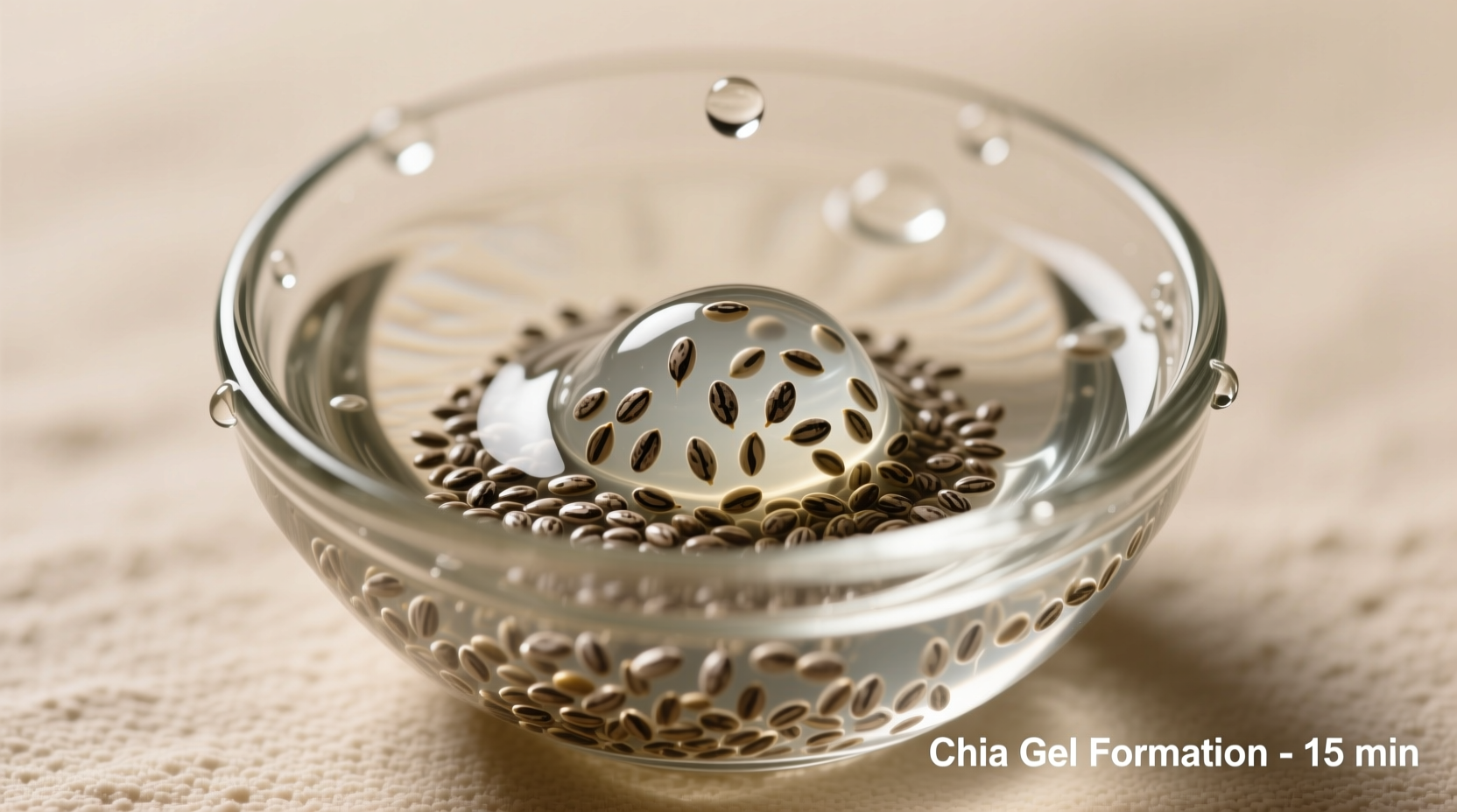 Chia seeds in glass bowl with water showing gel formation
