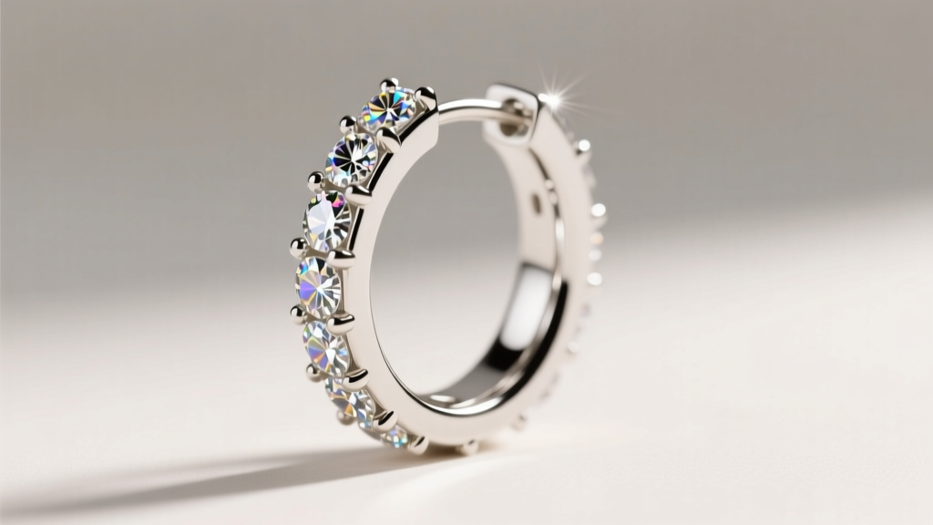 Macro shot of an 18k white gold pavé diamond hoop earring, showing intricate prong settings and light reflection on melee diamonds.