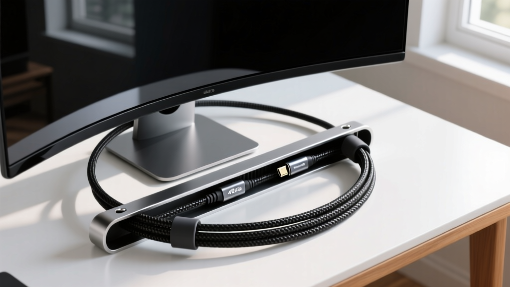 Overhead view of a cable management setup showing a braided 40Gbps Thunderbolt cable routing cleanly behind a curved ultrawide monitor
