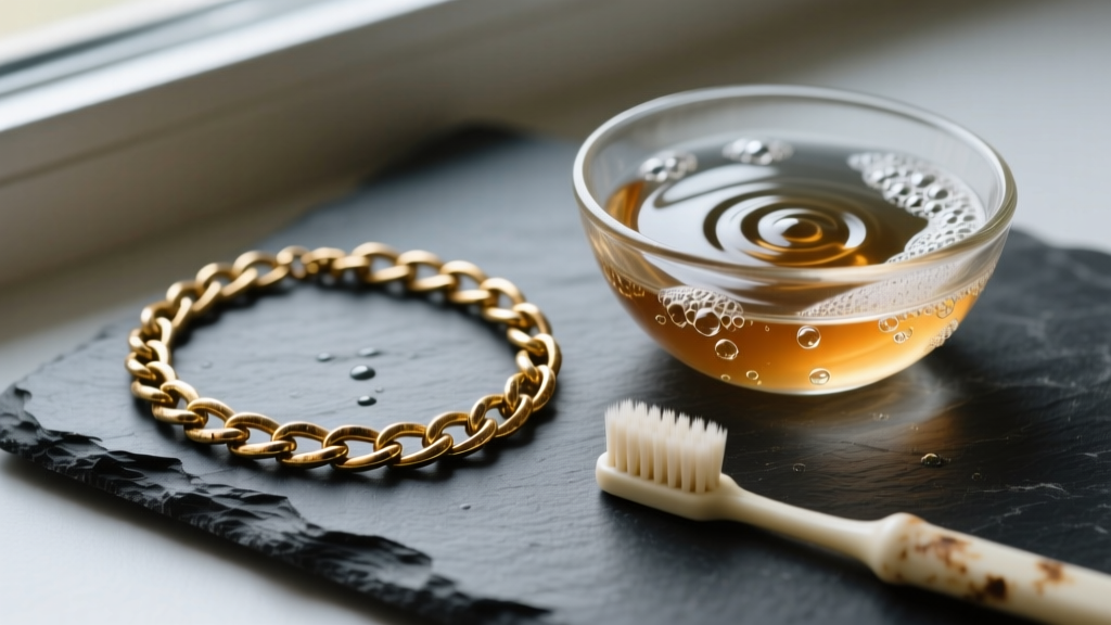 Tarnished 14k gold-filled chain necklace on dark slate next to a glass bowl of soapy water and a soft baby toothbrush
