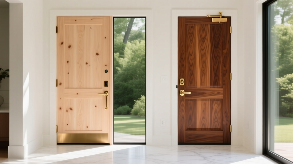 Split view of a hollow core pine interior door beside a solid mahogany exterior entry door with brass hardware in a bright modern home