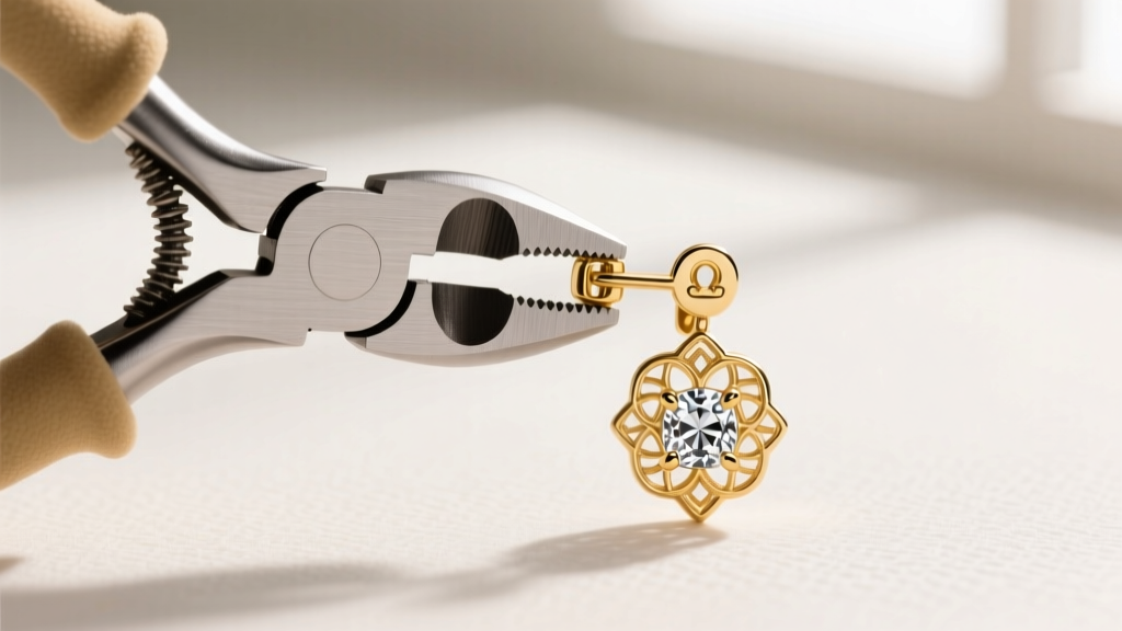 A pair of nylon-jaw jewelry pliers gently adjusting the tension of a gold-tone omega clip back on a luxury designer earring