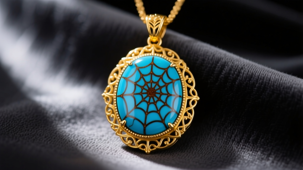 Close-up of Persian Nishapur turquoise pendant with brown spiderweb matrix set in 18k yellow gold against a dark silk background.