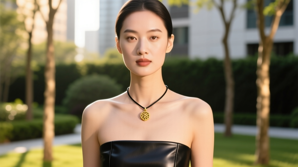 Woman wearing a thin black leather string necklace with a small gold charm, photographed outdoors in bright, warm natural light.