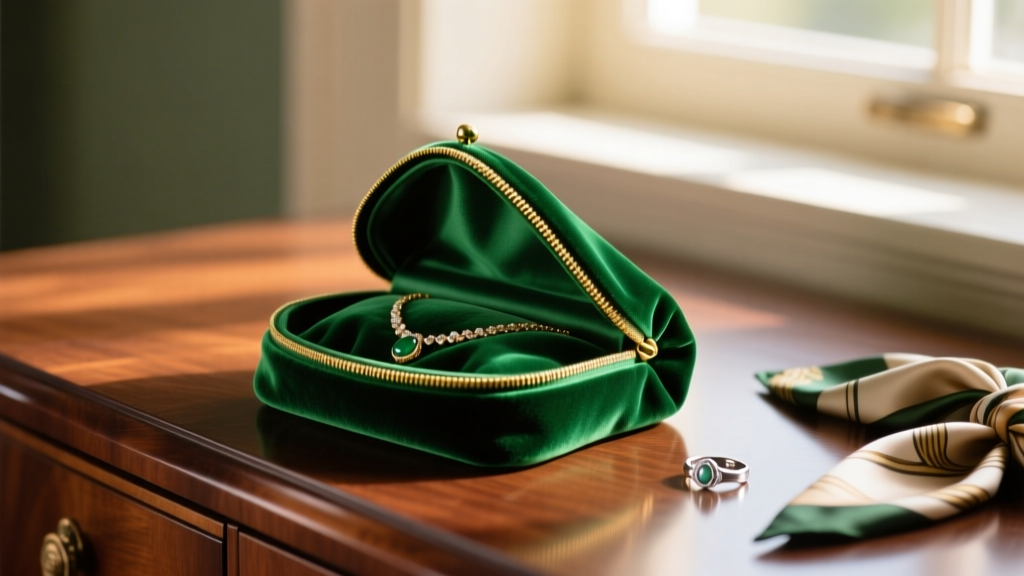 Close-up of an emerald green velvet necklace pouch on a mahogany dresser, softly illuminated by warm morning light.