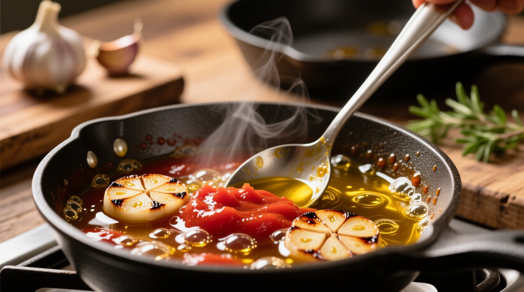 Tomato paste cooking in olive oil with garlic