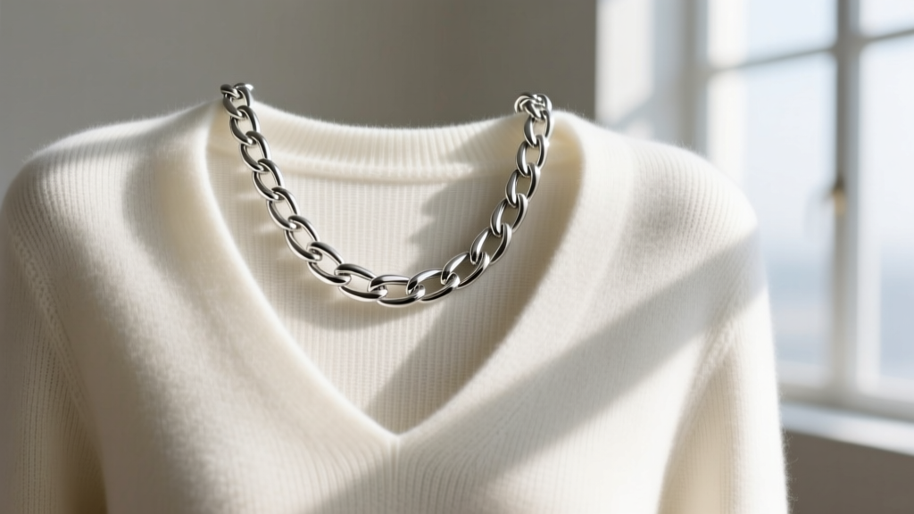16-inch sterling silver chain over a V-neck sweater, showing the gap between metal and fabric, bright natural window light