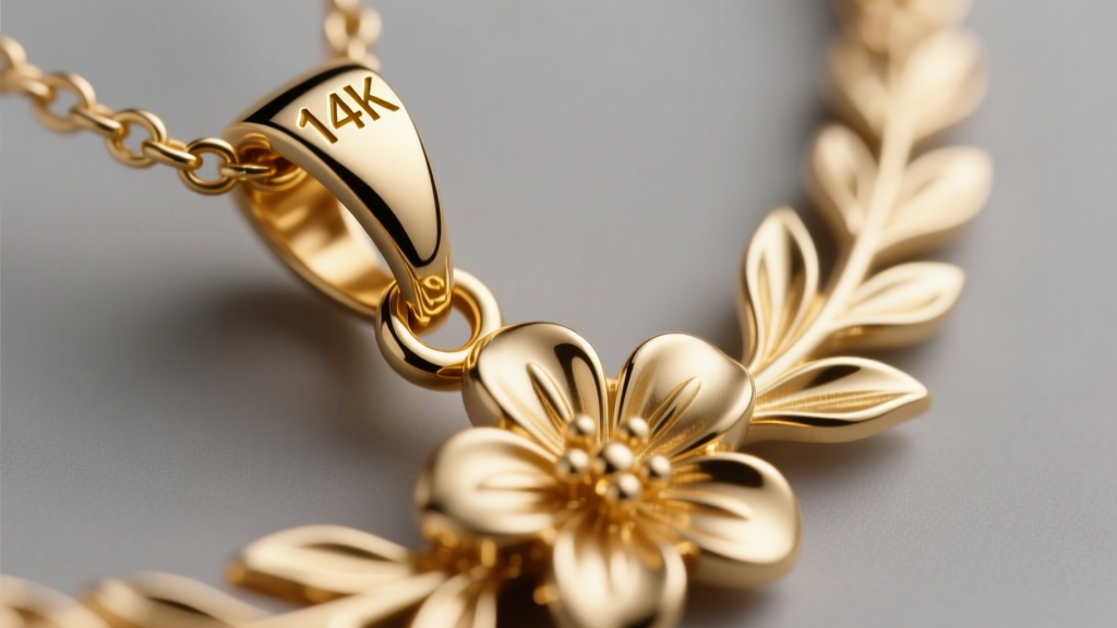 Loupe view of the bail and jump ring on a fine flowery hawaiian necklace showing clean solder joints and a clear 14k gold hallmark