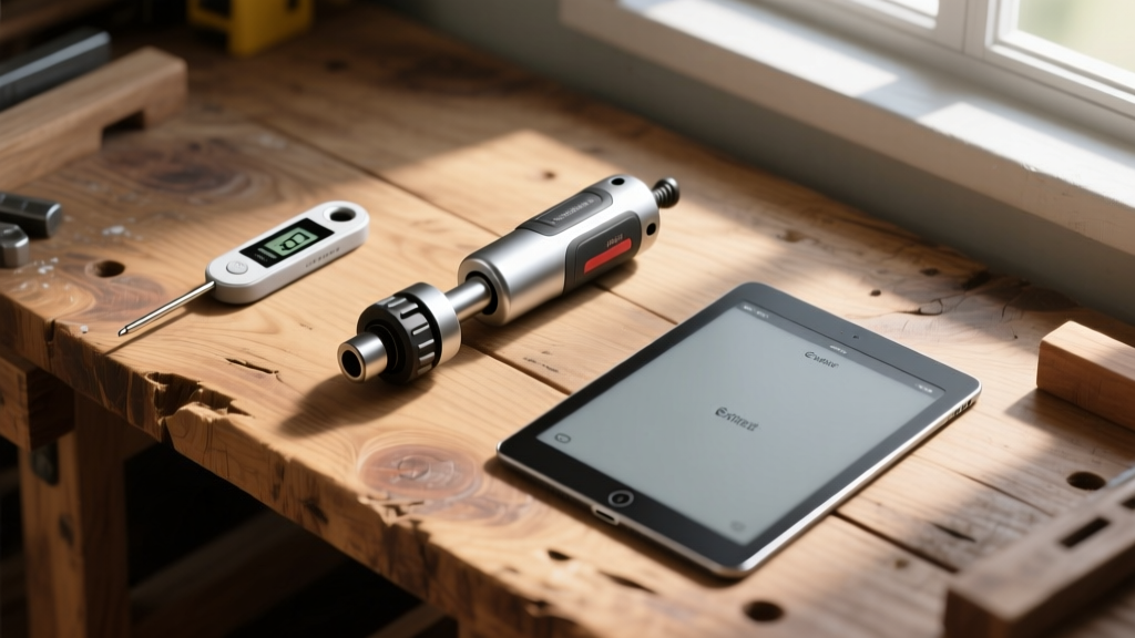 Overhead flat lay of a digital torque wrench, wireless meat thermometer, and e-ink tablet arranged on a rustic oak workbench