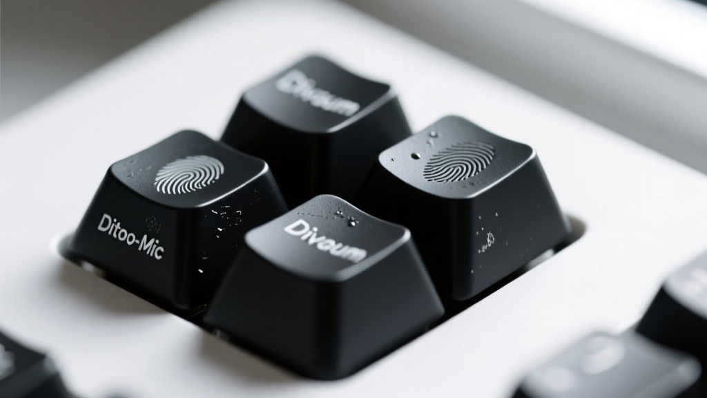 Macro shot of the Divoom Ditoo-Mic mechanical keys showing slight shine on the ABS plastic keycaps from finger oils and wear